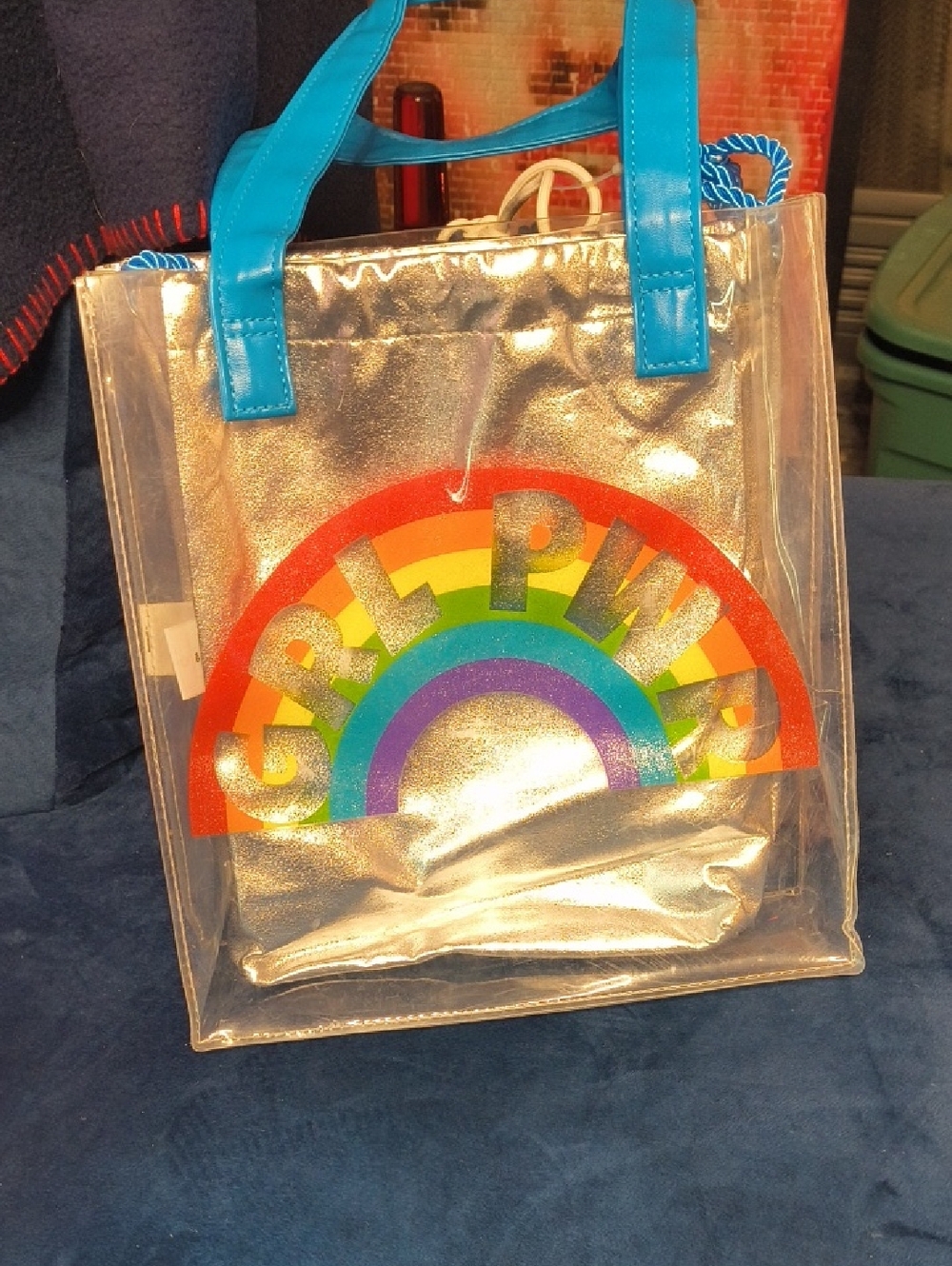 Clear Tote Bag with Rainbow 'GIRL POWER' Design and Blue Handles
